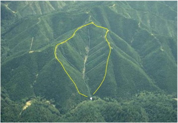 Oblique aerial photo of a debris-flow catchment.