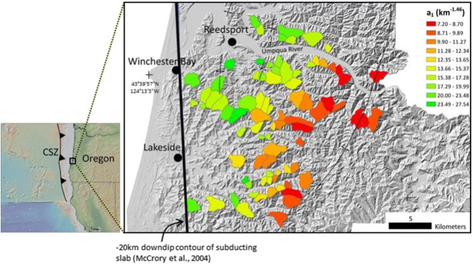 Map of a1 values in our study area within the Oregon Coast Range.