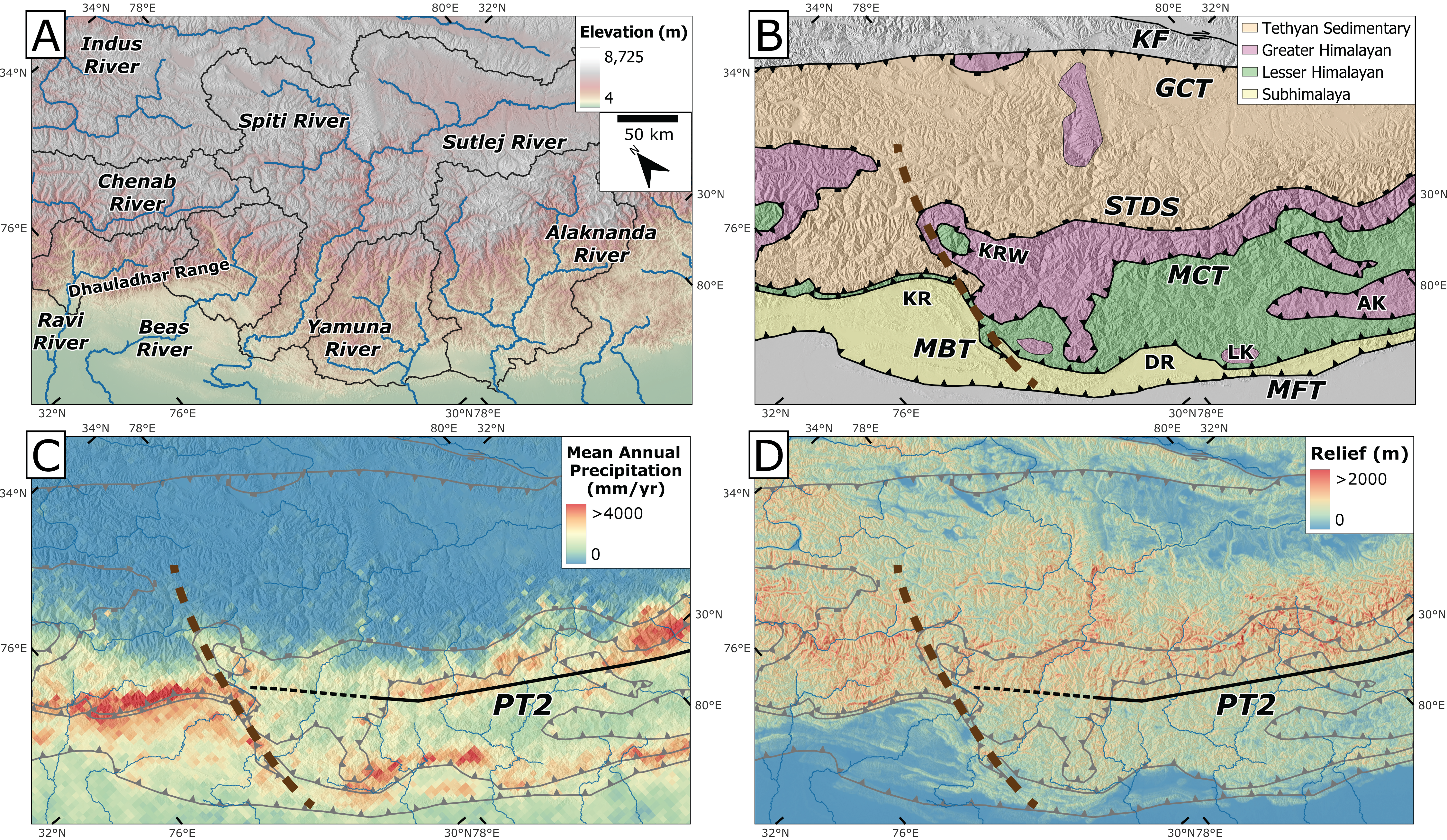 Regional maps indicating the along-strike changes in geology and geomorphology.